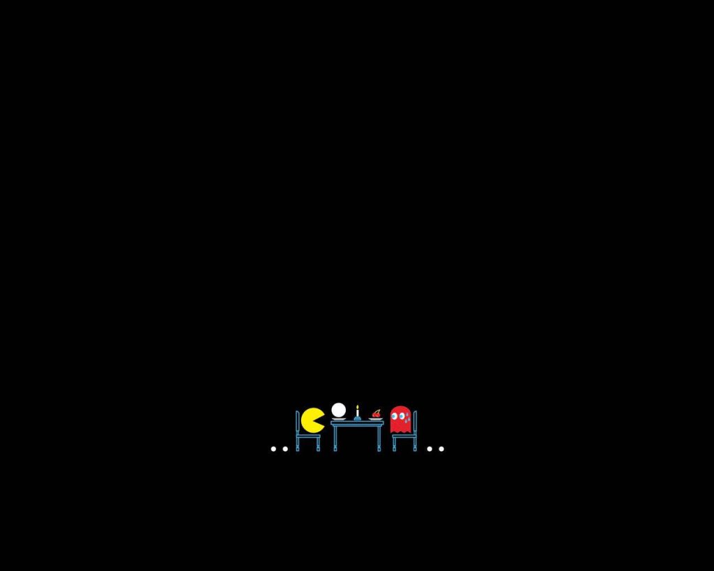 Pac-Man and Blinky dining wallpaper stylish retro gamer background with black minimalist design