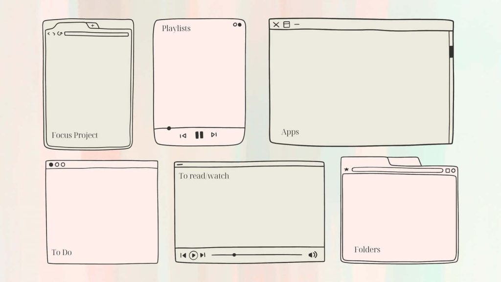 Cute pastel desktop organizer wallpaper with minimalist hand-drawn To Do Playlists Apps Folders windows