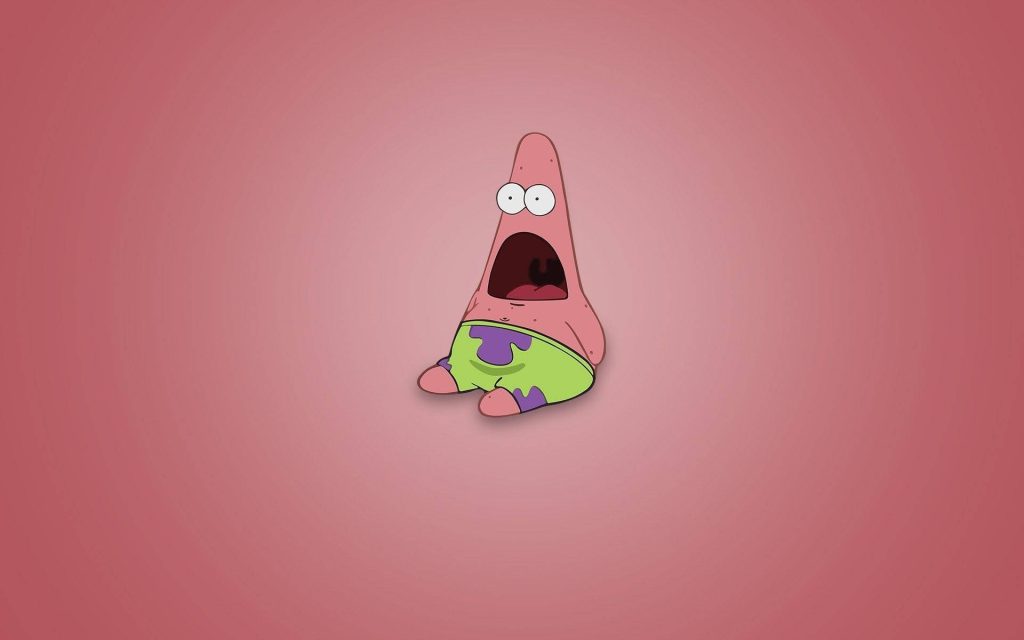 Minimalist wallpaper of shocked Patrick Star sitting on muted pink background cartoon illustration