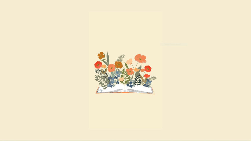 Minimalist Peach Wallpaper: Book & Bouquet of Flowers Design