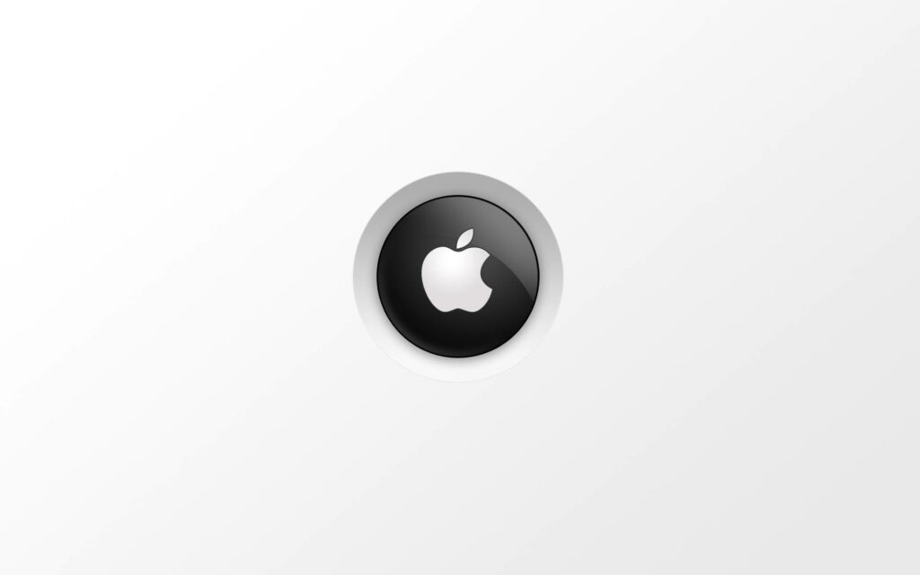 Apple's Minimalist Signature: A Distinctive White HD Background with Iconic Inscribed Logo on Black Circular Button Wallpaper
