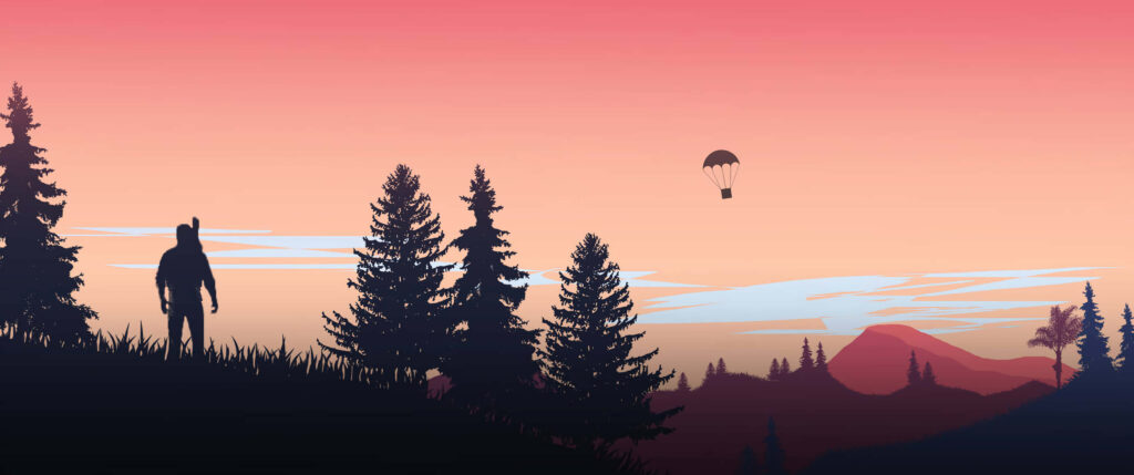 Minimalist Pine Forest Wallpaper: Soft Gradient Sky & Parachute