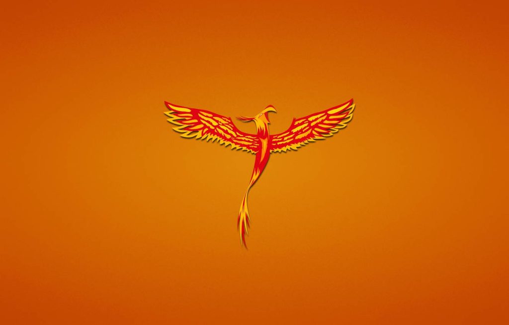Minimalist phoenix wallpaper with fiery red yellow wings on warm orange background desktop art