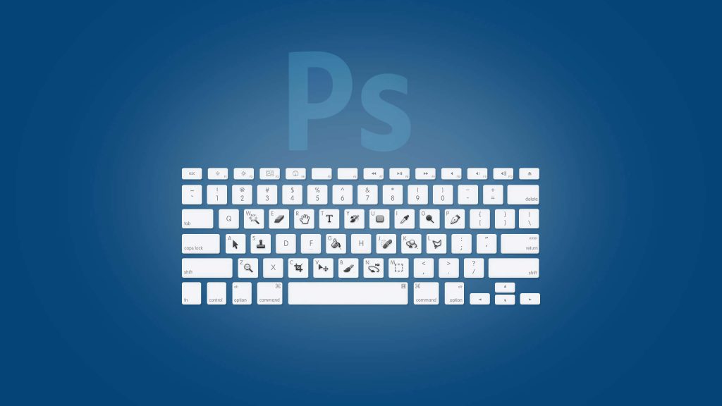 Minimalist white keyboard with Photoshop tool icons on deep blue gradient desktop background Wallpaper