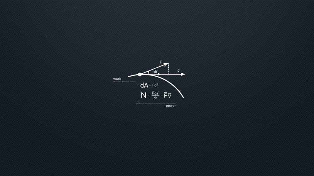 Minimalist physics wallpaper with mechanical work and power equations on dark textured background
