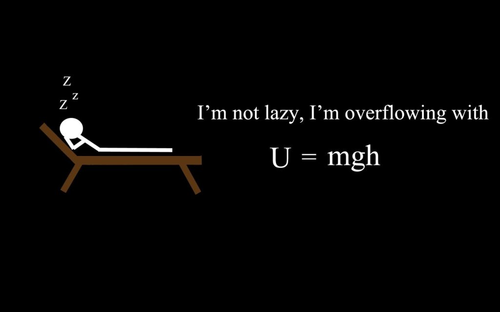 Minimalist physics wallpaper stick figure resting with witty U equals mgh gravitational energy text
