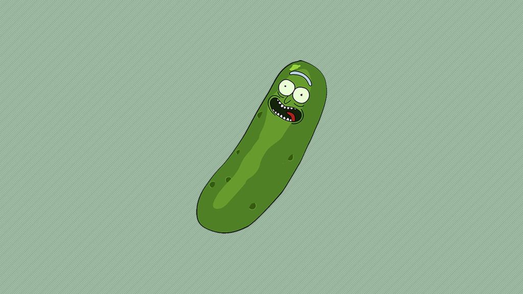 Minimalist Pickle Rick wallpaper with vibrant cartoon illustration on textured sage green background