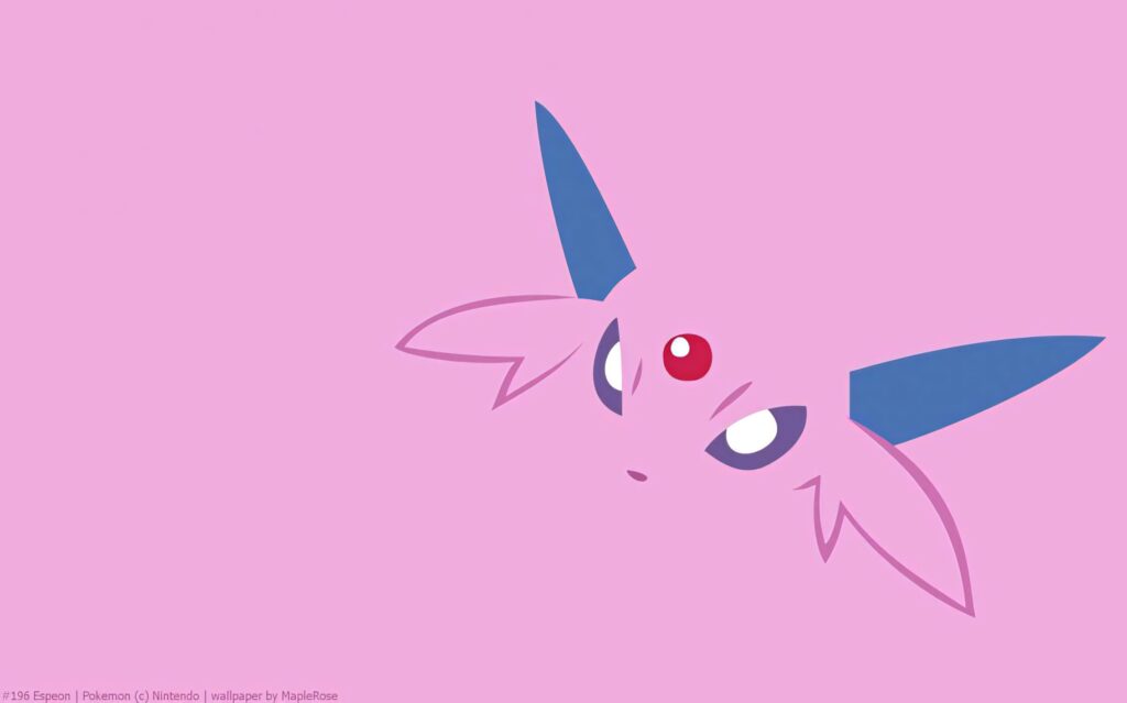 Minimalist vibrant pink Espeon wallpaper with sleek line art highlighting red gem and blue ears