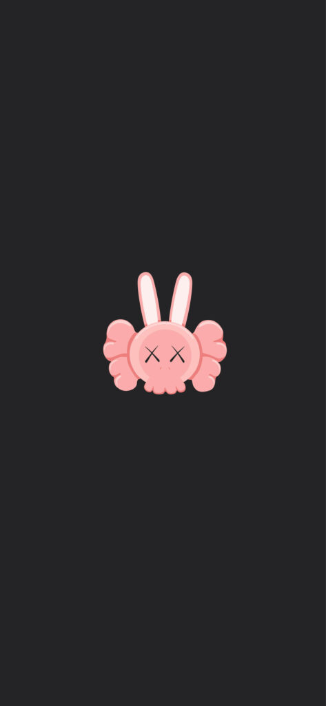 Minimalist wallpaper of cute pink KAWS Rabbit with signature X eyes on dark background
