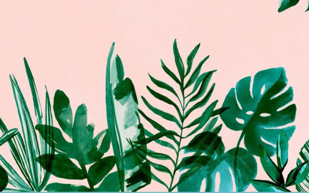 Minimalist Pink Wallpaper with Tropical Green Leaves - Serene Design