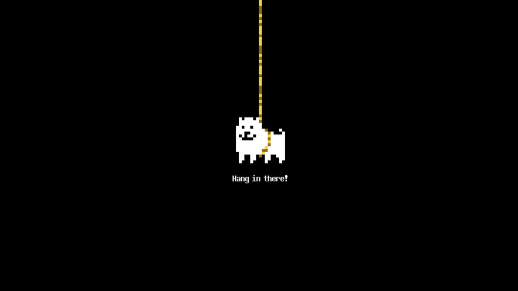 Minimalist Pixel Art: White Dog on Yellow Rope - Hang in There! Wallpaper