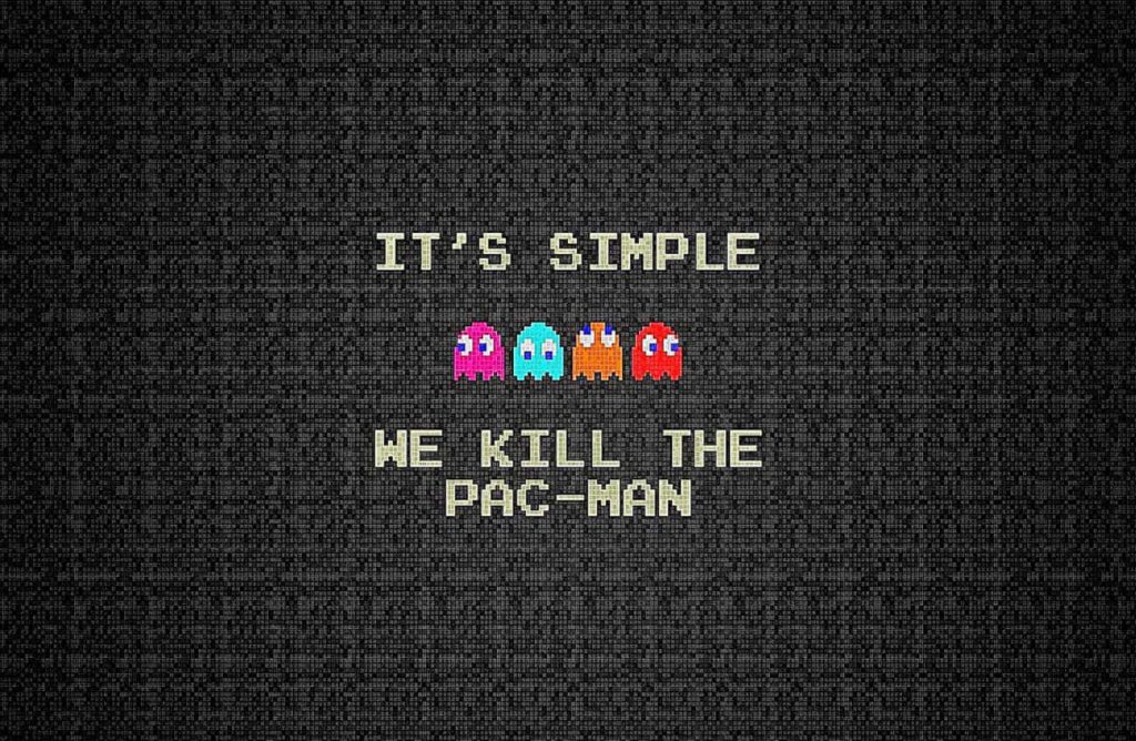 Minimalist pixel art Pac-Man ghosts on dark background with witty Dark Knight quote wallpaper