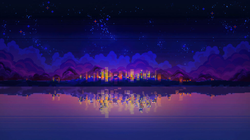 Tranquil Pixelated Cityscape Wallpaper: 4K Starry Night Background