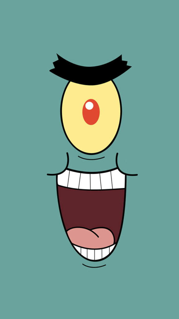 Minimalist Plankton wallpaper with yellow eye and mischievous smile on teal background cartoon art