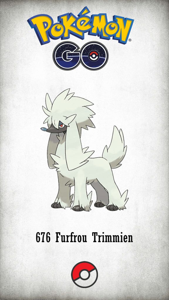 Pokémon GO wallpaper with Normal Form Furfrou on light grey background and official logo