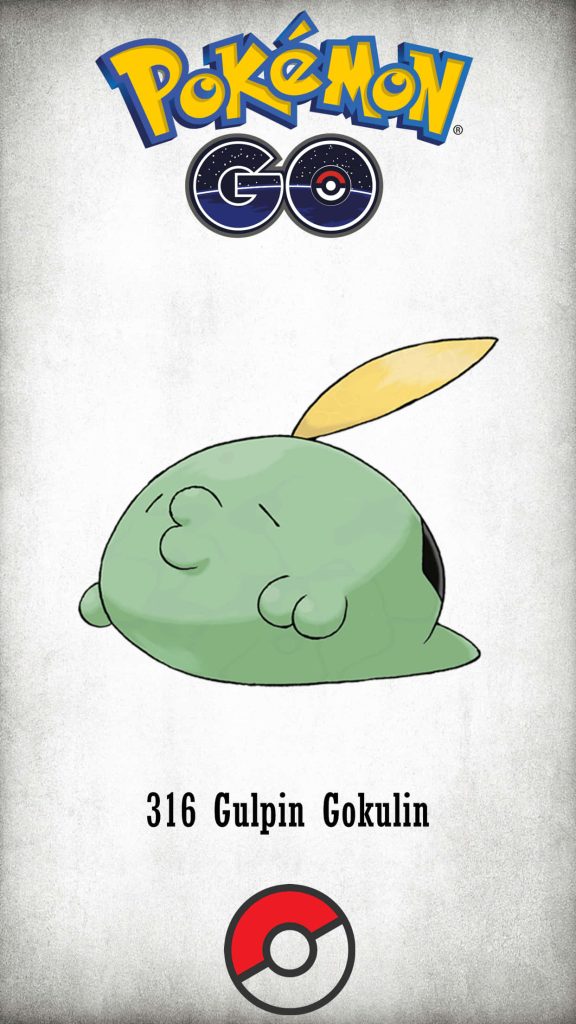 Minimalist Pokémon GO wallpaper featuring Poison-type Gulpin with logo and Poké Ball on grey background