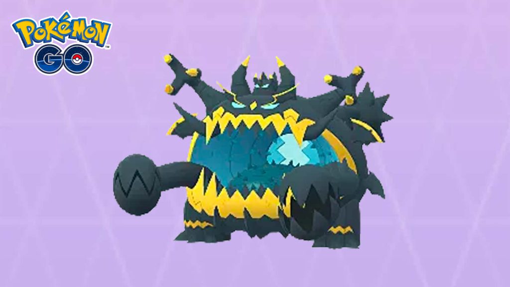 Minimalist Pokémon GO wallpaper of Ultra Beast Guzzlord with dark frame yellow spikes purple background