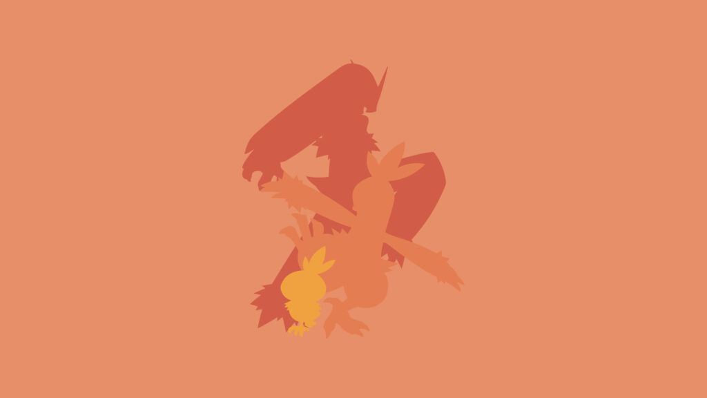 Minimalist wallpaper with Torchic Combusken and Blaziken silhouettes on warm orange background