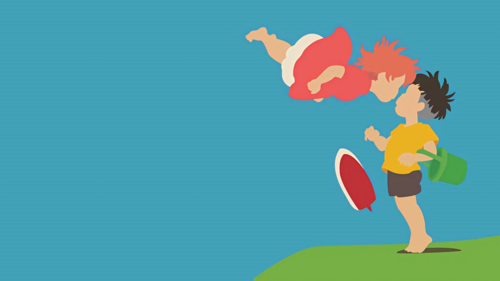 Minimalist Ponyo vector art wallpaper showing Ponyo floating above Sosuke on blue background
