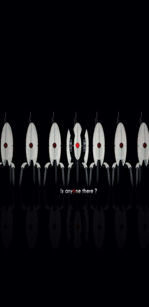 Minimalist Portal 2 Wallpaper: Iconic Turrets on Black with Mystery