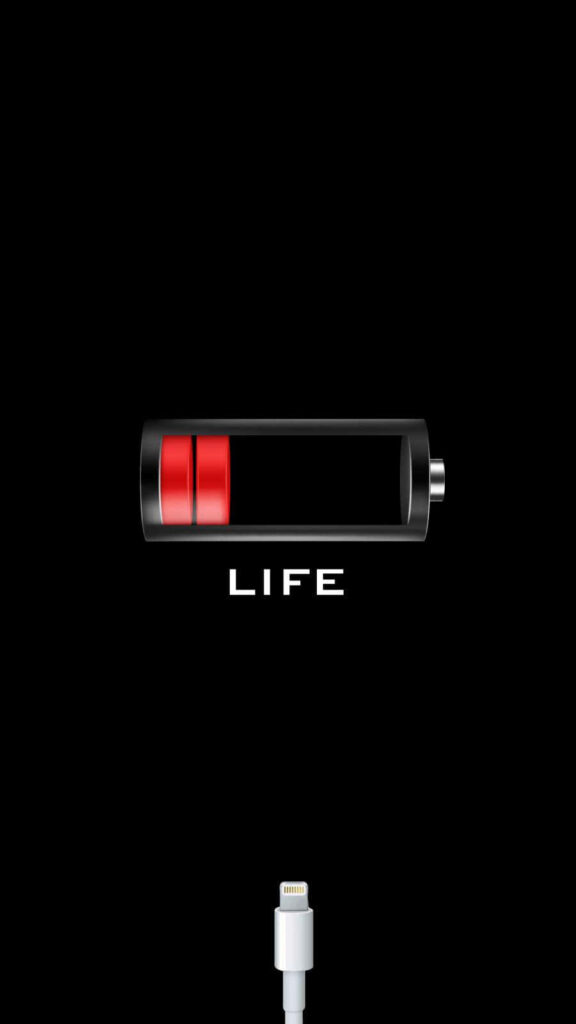 The Minimalist Power Source: Two Red Bars Signal Battery Life with a White Charging Port on a Sleek Black Background Wallpaper