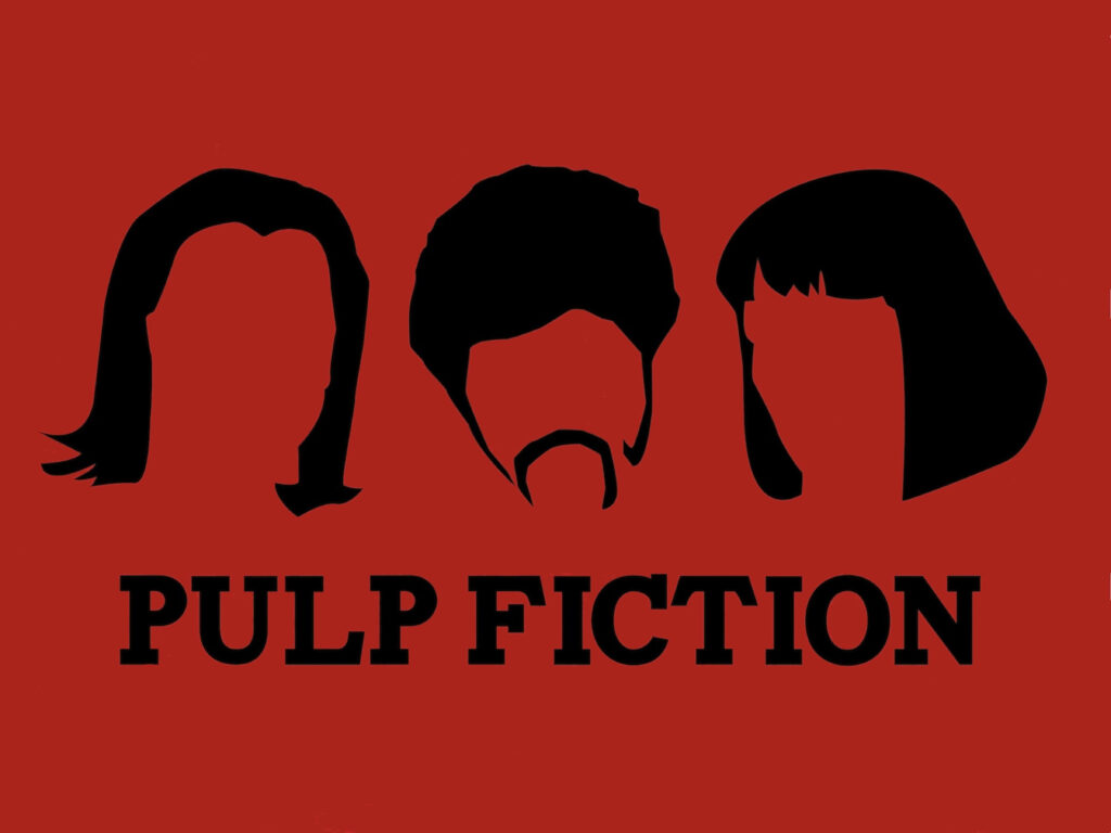 Minimalist Pulp Fiction Hairstyles Wallpaper on Bold Red Background