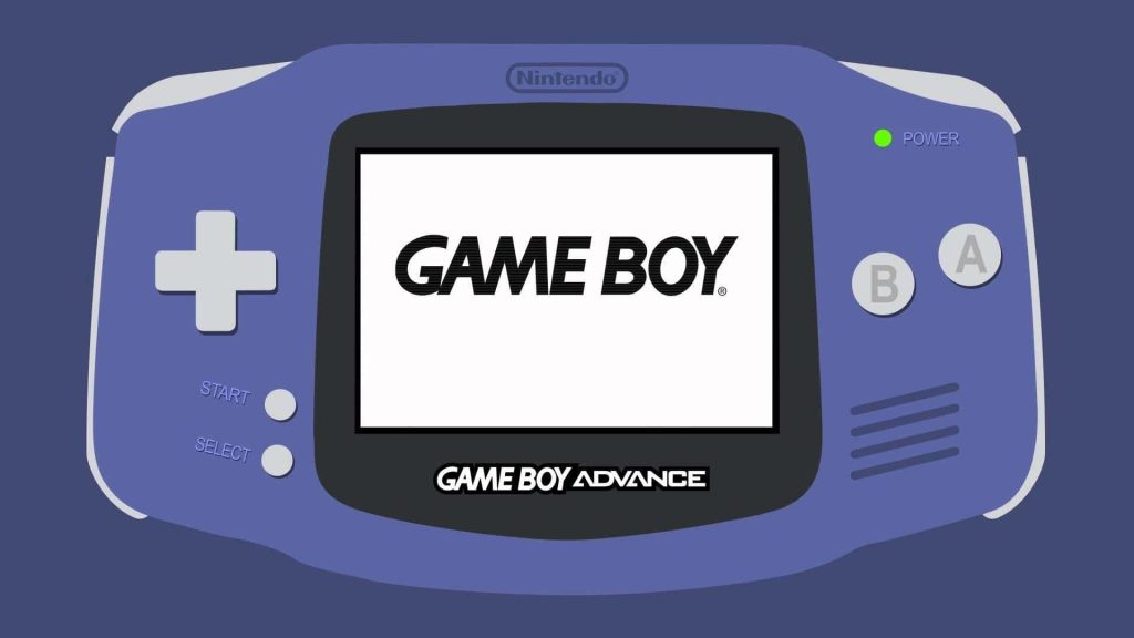 Minimalist vector wallpaper of classic purple Nintendo Game Boy Advance handheld console front view