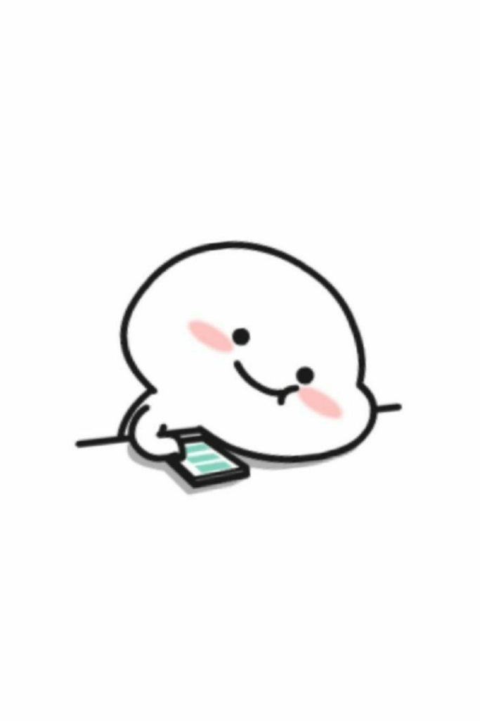 Minimalist Quby wallpaper with cute white cartoon character using smartphone on white background