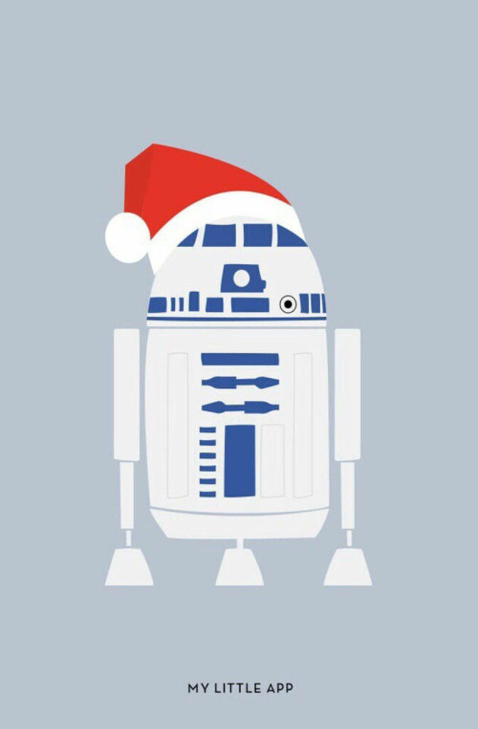 Minimalist R2-D2 Holiday Wallpaper with Santa Hat on Blue Background