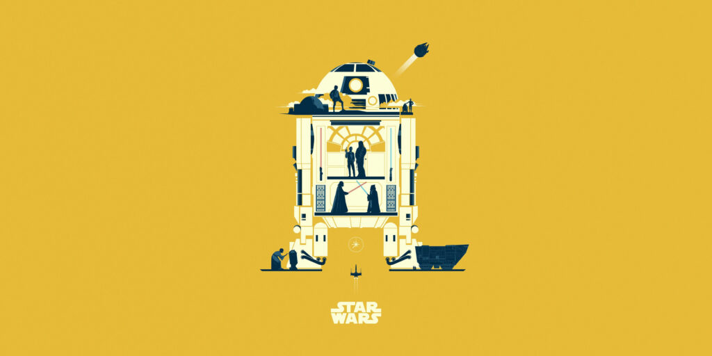 Minimalist R2-D2 Wallpaper: Iconic Star Wars Art on Yellow Background