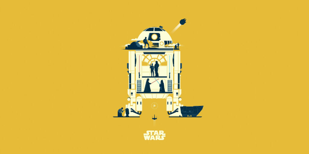 Minimalist Yellow R2-D2 Wallpaper with Iconic Star Wars Illustrations