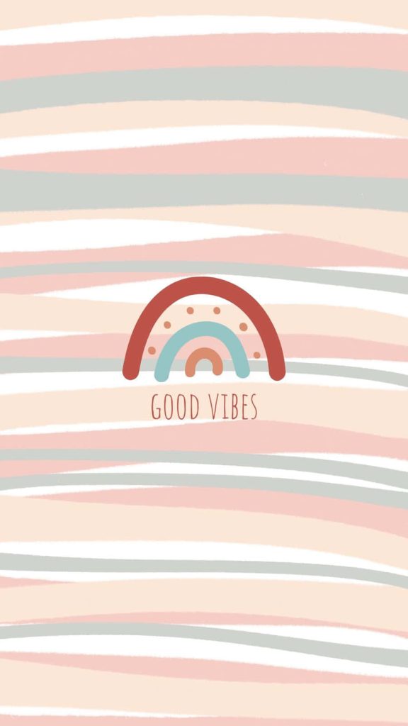 Minimalist rainbow digital art with pastel waves and handwritten good vibes text background wallpaper