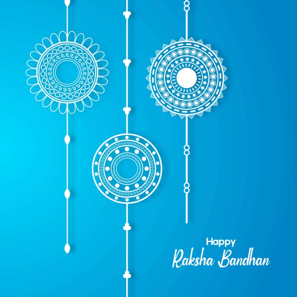 Minimalist Raksha Bandhan wallpaper with three white patterned Rakhis on blue gradient background