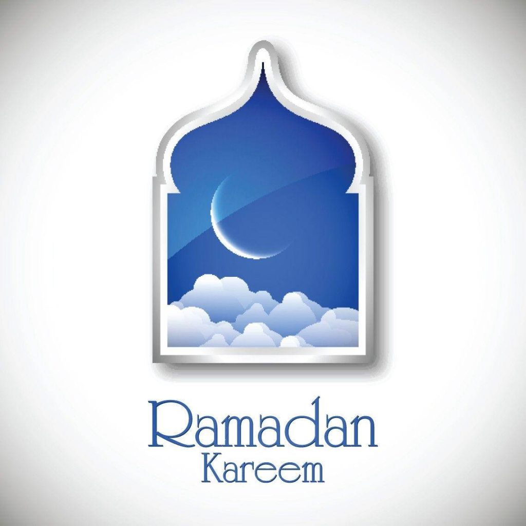 Minimalist Ramadan wallpaper with crescent moon mosque arch deep blue sky Ramadan Kareem text
