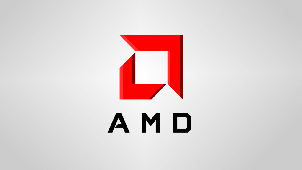 Minimalist wallpaper with bold red AMD logo on sleek gray background for tech enthusiasts
