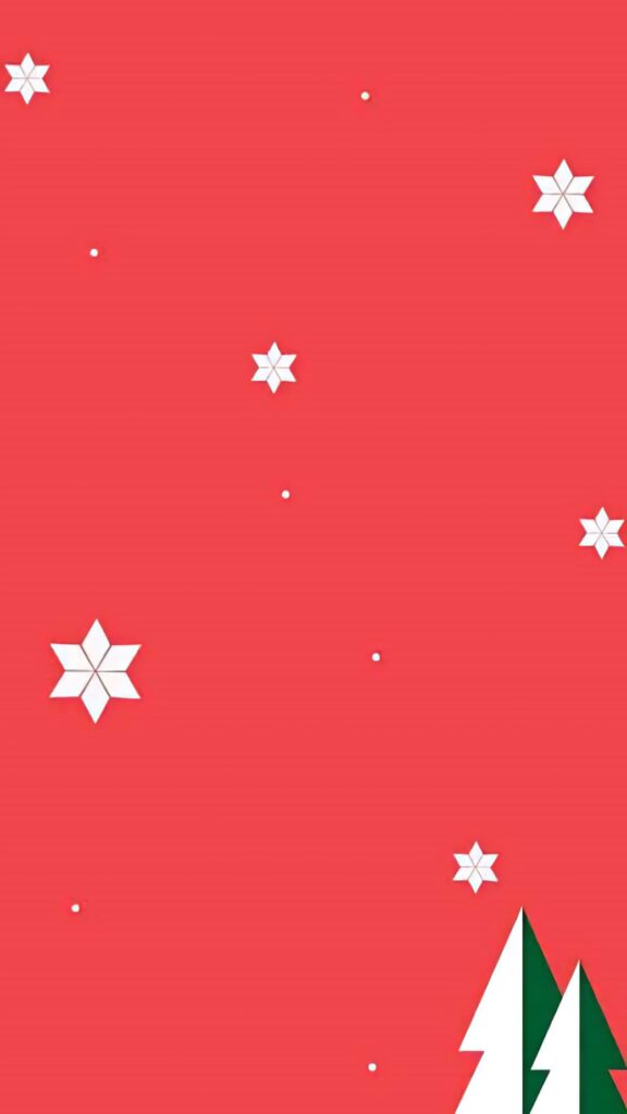 Minimalist Red Christmas Wallpaper with Stars and Green Trees