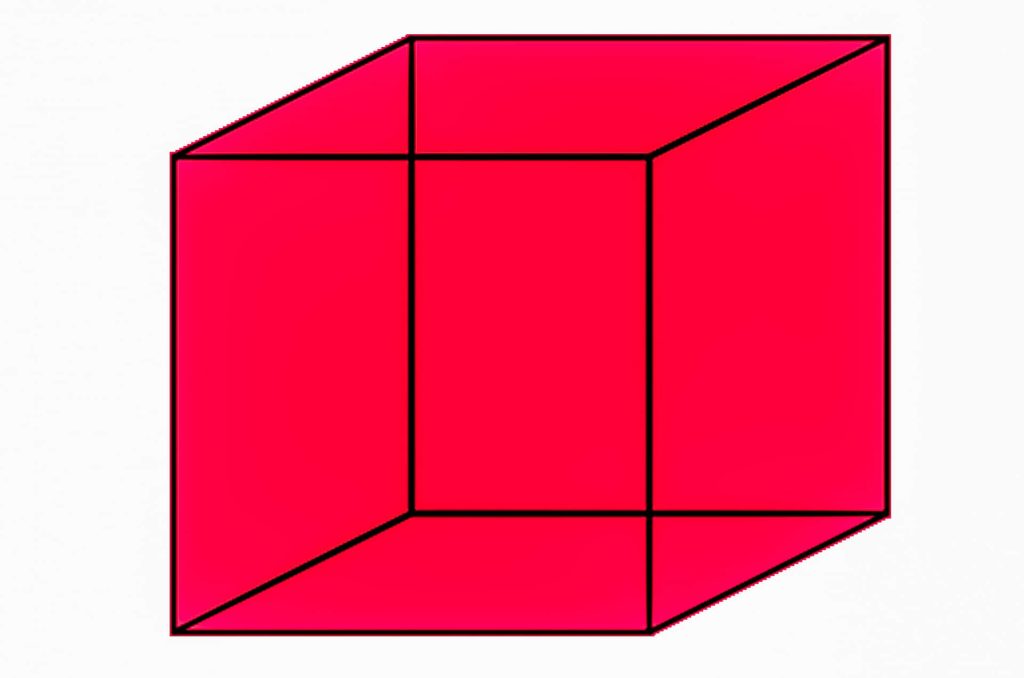 Minimalist vibrant red 3D cube with bold black outlines on clean white background wallpaper