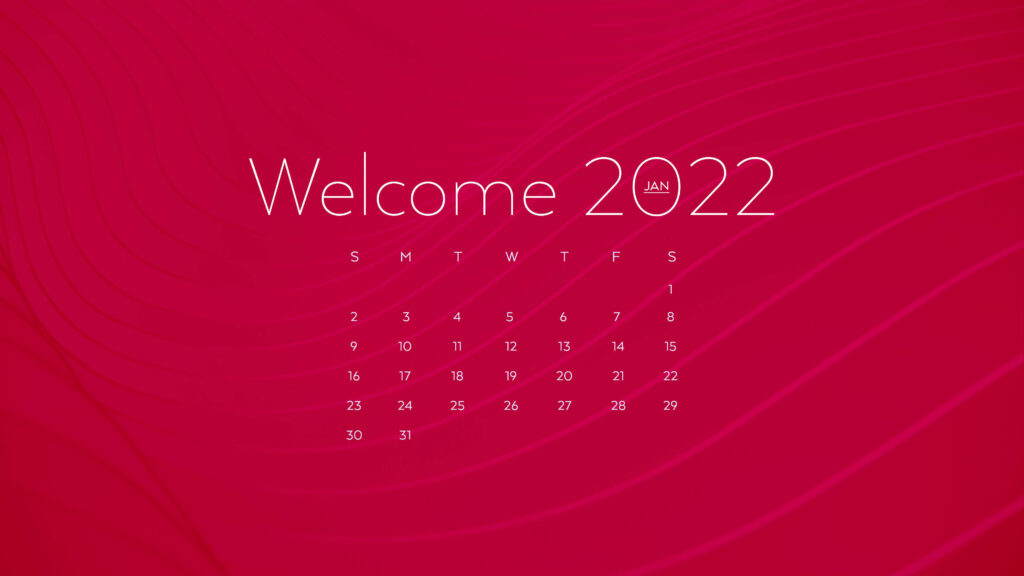 Minimalist red January 2022 calendar wallpaper with wave patterns and modern Welcome 2022 text