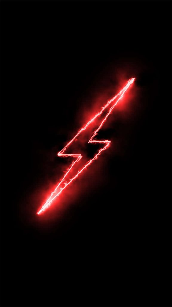 Minimalist wallpaper glowing red lightning bolt neon electric arc on black background energizing screen