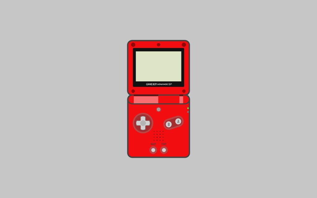 Minimalist red Nintendo Game Boy Advance SP vector on solid grey background retro gaming wallpaper