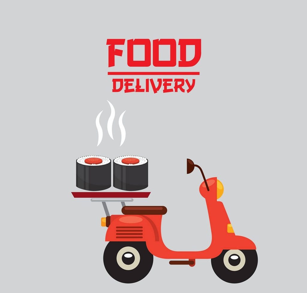 Minimalist red scooter delivering fresh sushi rolls with bold food delivery text on gray background Wallpaper