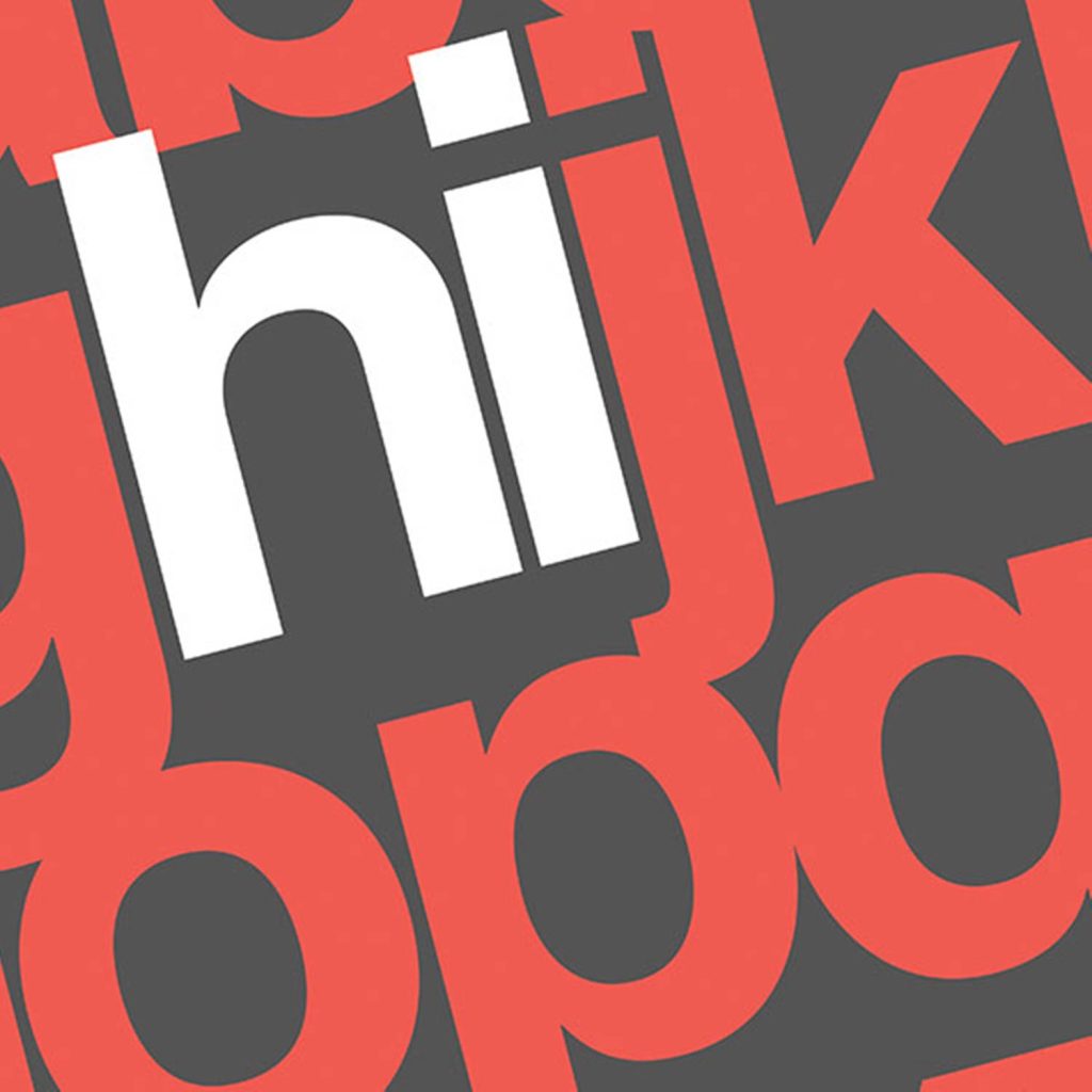 Minimalist wallpaper with overlapping red letters and white hi on dark grey background modern design