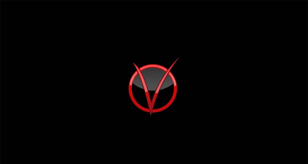 Minimalist red V for Vendetta logo on dark circular background edgy digital wallpaper