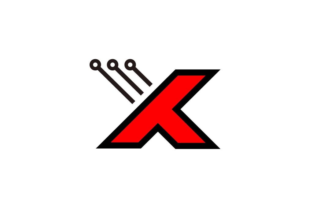 Minimalist red X wallpaper with black outlines and signal nodes on white background digital design