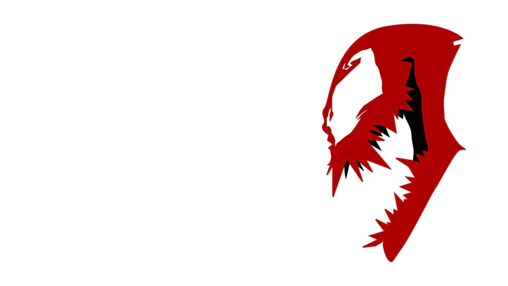 Minimalist Carnage wallpaper with red black profile sharp edges on white background Marvel villain