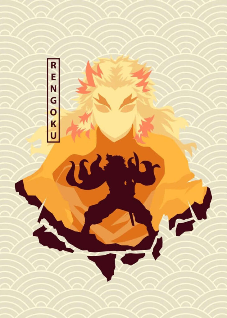 Fiery Samurai Rengoku Minimalist Wallpaper with Wave Patterns