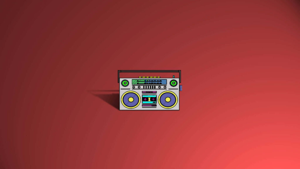 Minimalist wallpaper with tiny gray boombox green yellow accents on smooth gradient red background