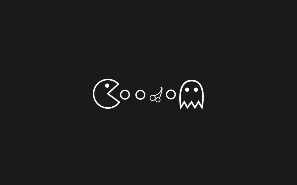 Minimalist Pac-Man white line art wallpaper with cherries and ghost on dark background retro gaming