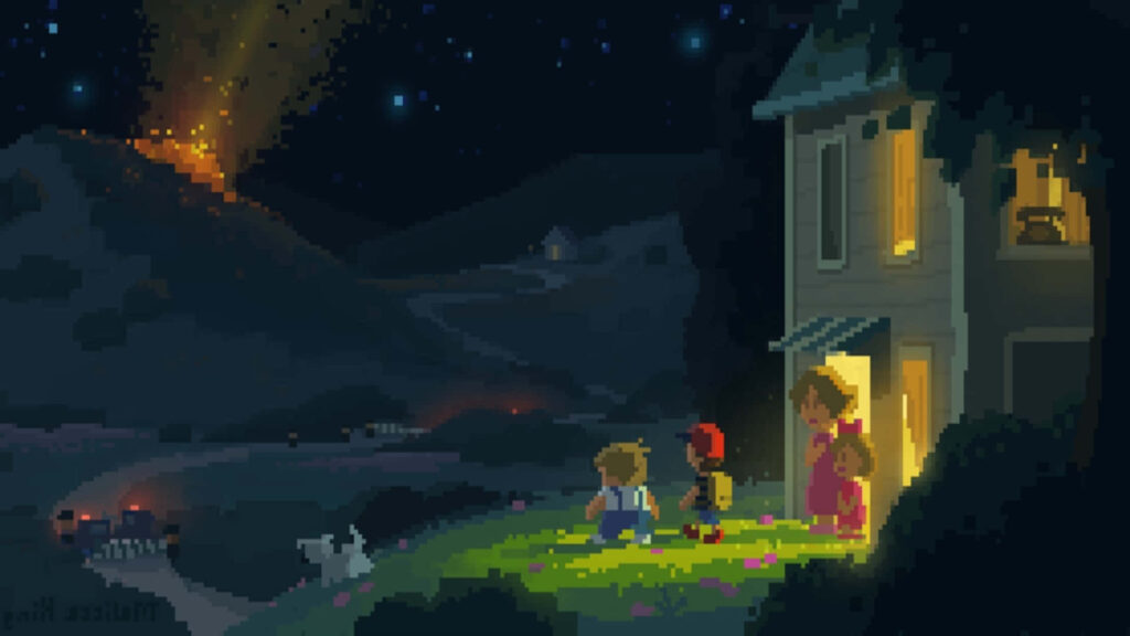 Serene Retro Pixel Art Wallpaper: Kids, Dog, and Starry Night Scene