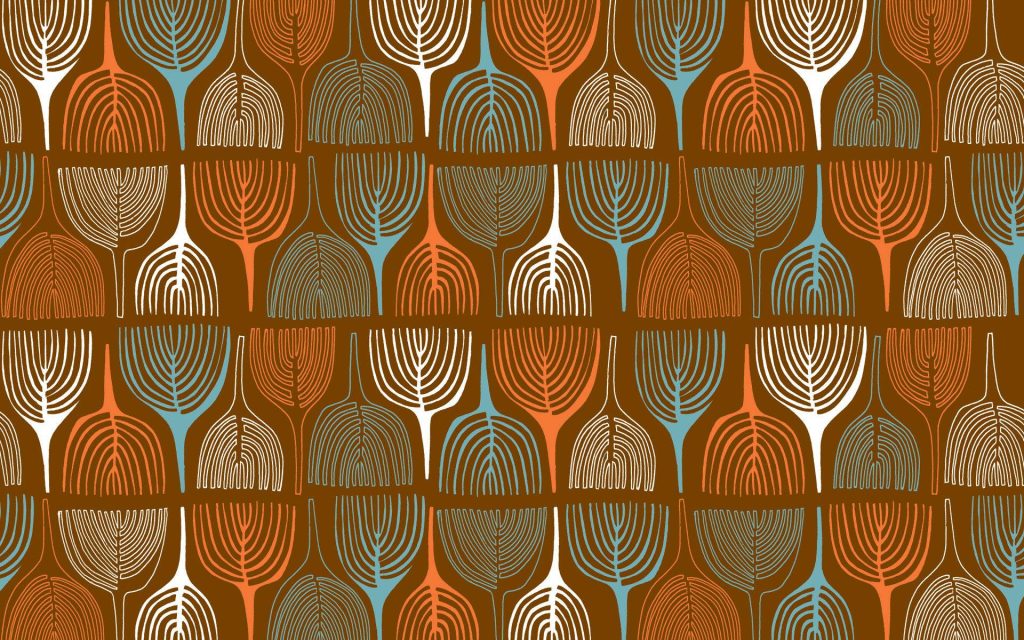 Seamless doodle trees wallpaper in white burnt orange blue on warm tan minimalist retro background
